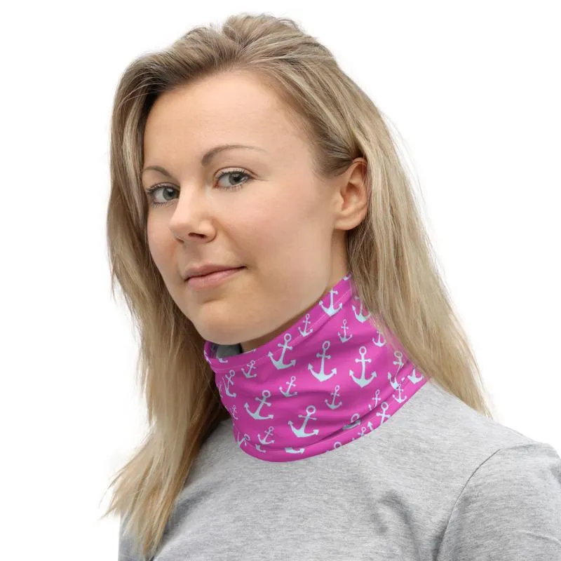 Anchors marine sailor white Pink Neck gaiters fabric face mask covers, tube scarf, reusable washable scarves,  bandana beanies men & women