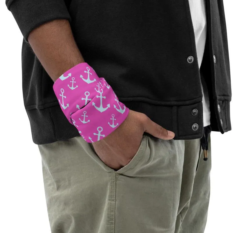 Anchors marine sailor white Pink Neck gaiters fabric face mask covers, tube scarf, reusable washable scarves,  bandana beanies men & women