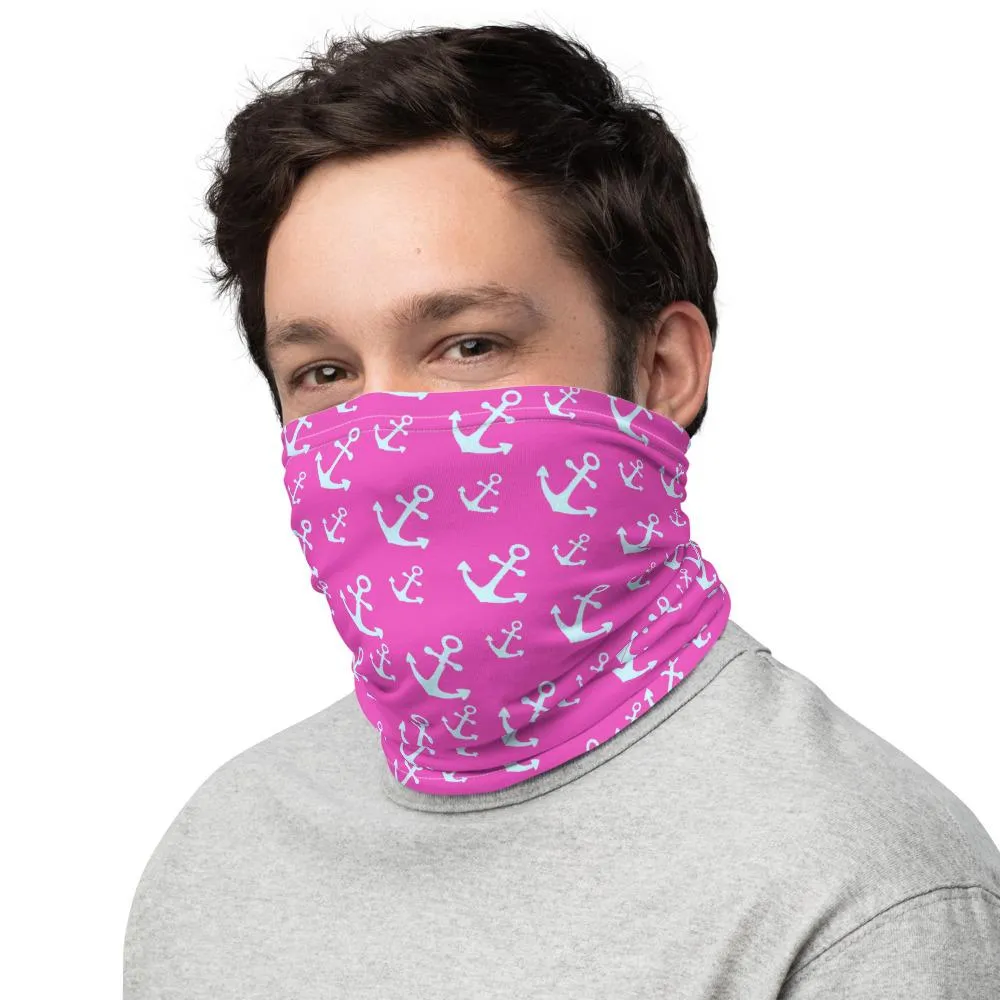 Anchors marine sailor white Pink Neck gaiters fabric face mask covers, tube scarf, reusable washable scarves,  bandana beanies men & women
