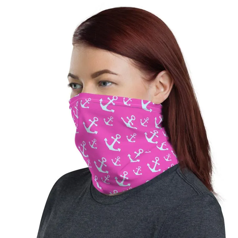 Anchors marine sailor white Pink Neck gaiters fabric face mask covers, tube scarf, reusable washable scarves,  bandana beanies men & women