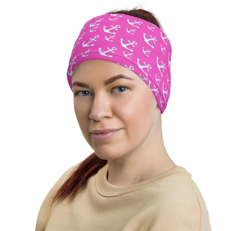 Anchors marine sailor white Pink Neck gaiters fabric face mask covers, tube scarf, reusable washable scarves,  bandana beanies men & women
