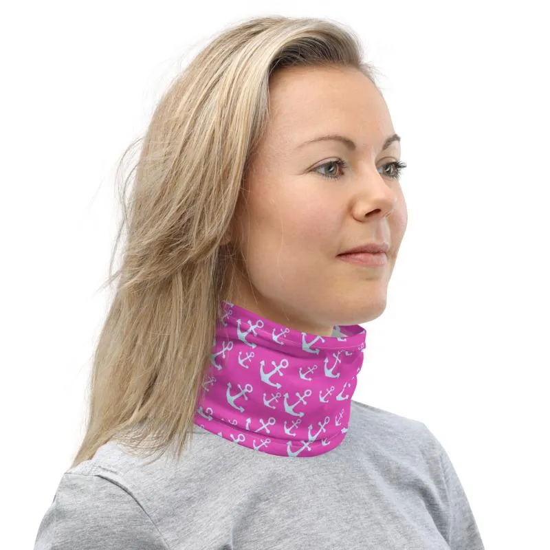 Anchors marine sailor white Pink Neck gaiters fabric face mask covers, tube scarf, reusable washable scarves,  bandana beanies men & women