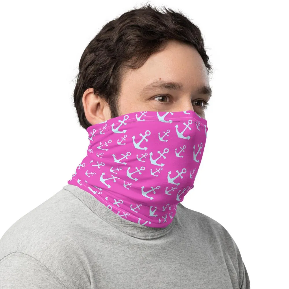 Anchors marine sailor white Pink Neck gaiters fabric face mask covers, tube scarf, reusable washable scarves,  bandana beanies men & women