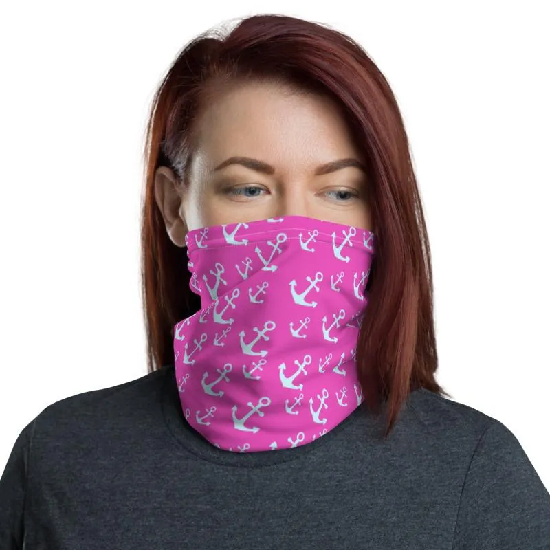 Anchors marine sailor white Pink Neck gaiters fabric face mask covers, tube scarf, reusable washable scarves,  bandana beanies men & women