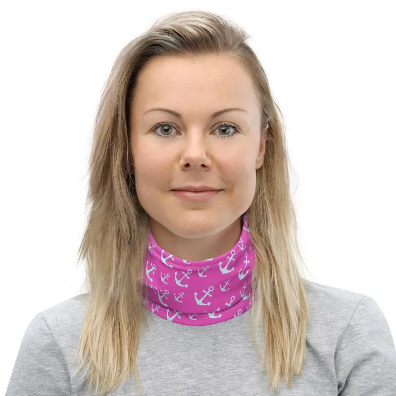 Anchors marine sailor white Pink Neck gaiters fabric face mask covers, tube scarf, reusable washable scarves,  bandana beanies men & women