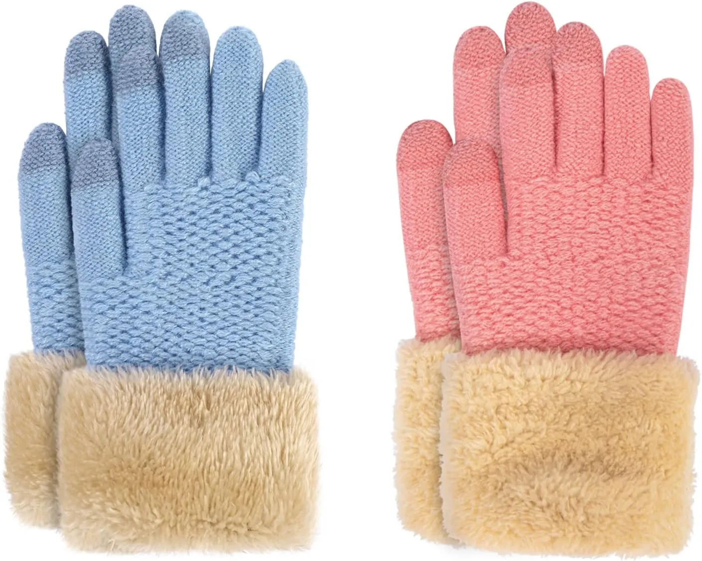 Arctic Paw Kids Winter Gloves 2 & 3 Pack - Touchscreen Knit Gloves with Faux Fur Cuff