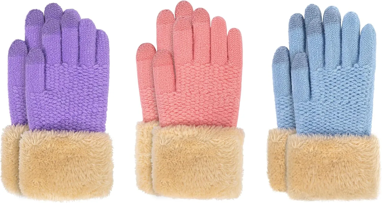 Arctic Paw Kids Winter Gloves 2 & 3 Pack - Touchscreen Knit Gloves with Faux Fur Cuff
