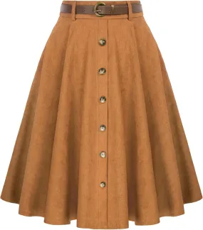 Belle Poque Women's Knee Length Corduroy Skirt Vintage Stretch High Waist A-Line Midi Skirt with Pockets & Belts