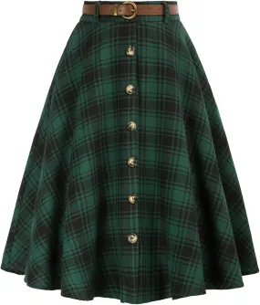 Belle Poque Women's Plaid A-line Skirt Vintage Pleated Flared Midi Skirts Fall Winter Skirts with Pockets & Belts
