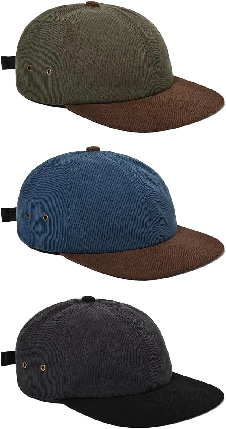 Clakllie Corduroy 6 Panel Hat Flat Brim Baseball Caps Flat Bill Sun Cap Low Profile Trucker Hat Soft Top Unstructured Hat