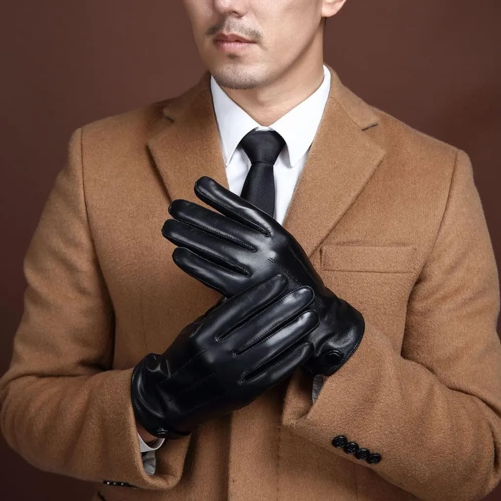 Leather Gloves Men's Winter Warm Driving and Cycling Motorcycle Leather Gloves Men's Thin Touch Screen Wear-Resistant (Color : A Size : L Code)