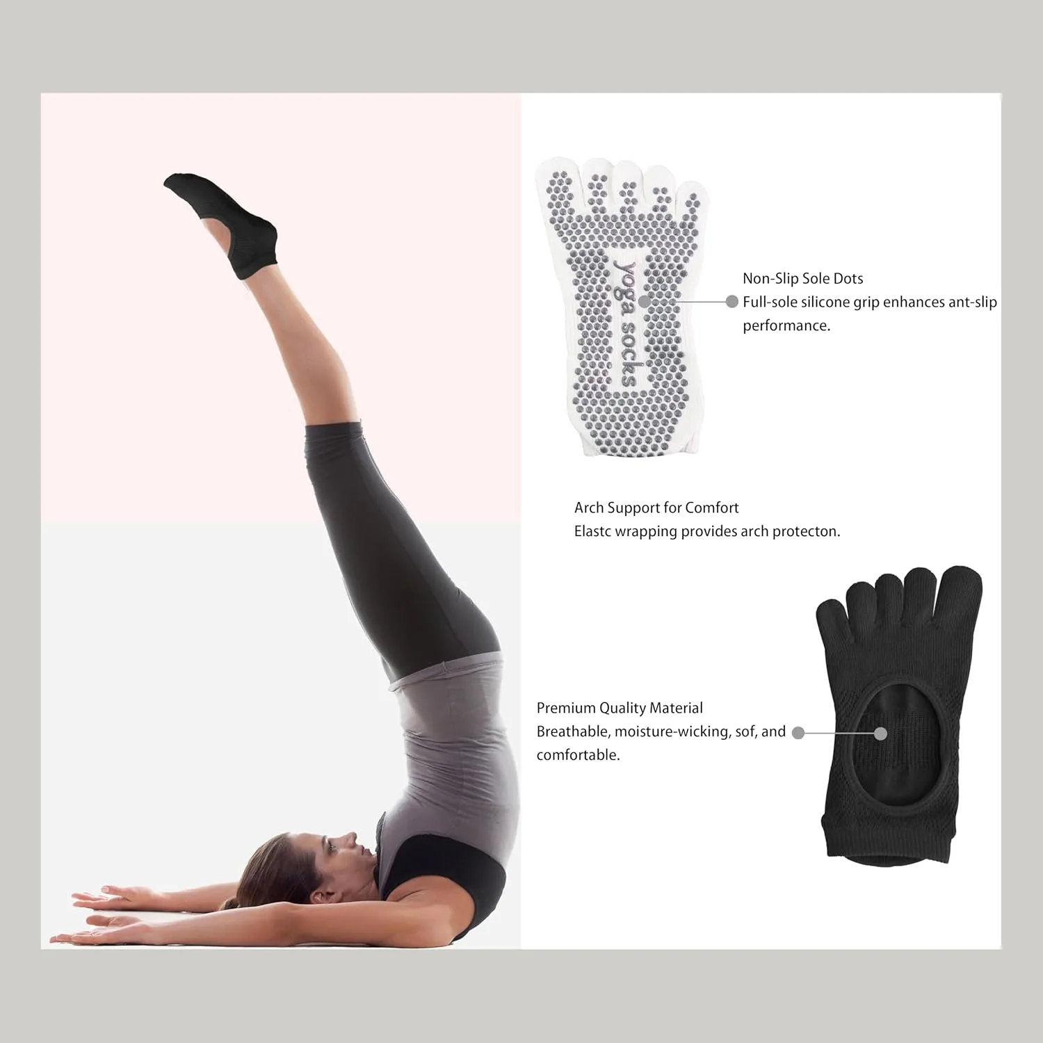 Non-Slip Five Toe Yoga Socks with Grips for Pilates,Barre,Ballet,Fitness and Sports 4 Paris for Women/Men