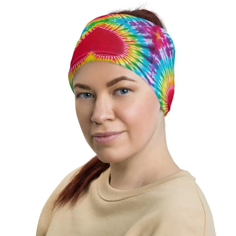 Rainbow Heart colorful tie dye pattern design, Neck gaiters face mask covers, tube scarf, Balaclava Beanie scarves, headband men and women