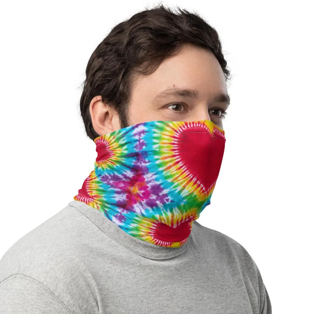 Rainbow Heart colorful tie dye pattern design, Neck gaiters face mask covers, tube scarf, Balaclava Beanie scarves, headband men and women