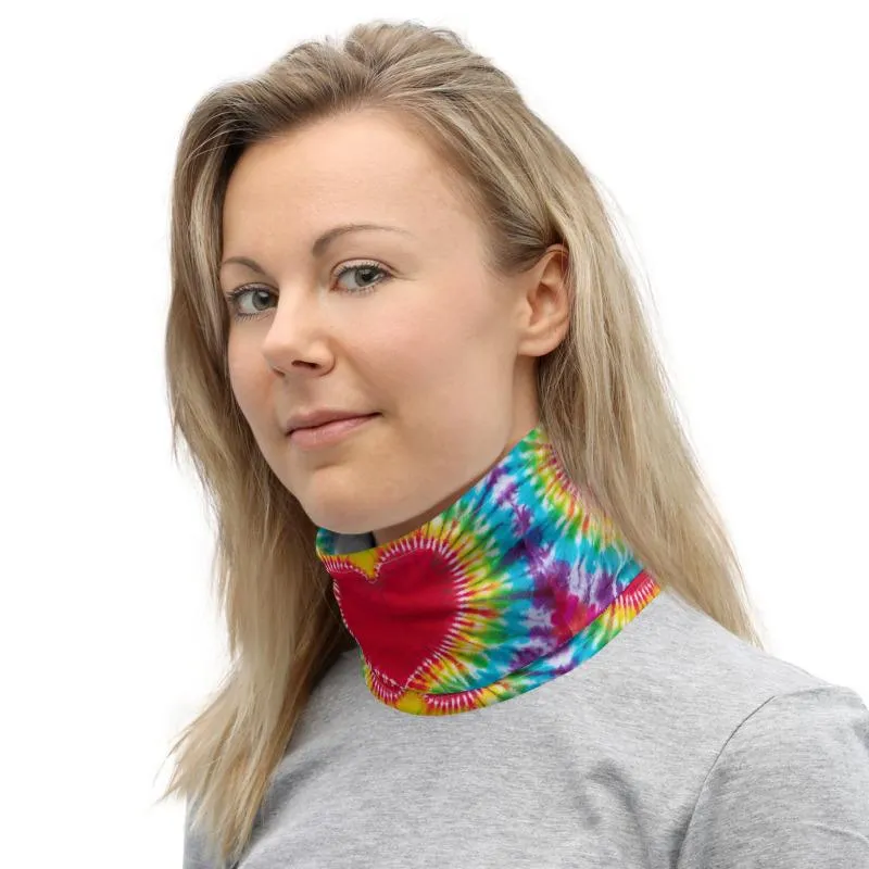 Rainbow Heart colorful tie dye pattern design, Neck gaiters face mask covers, tube scarf, Balaclava Beanie scarves, headband men and women