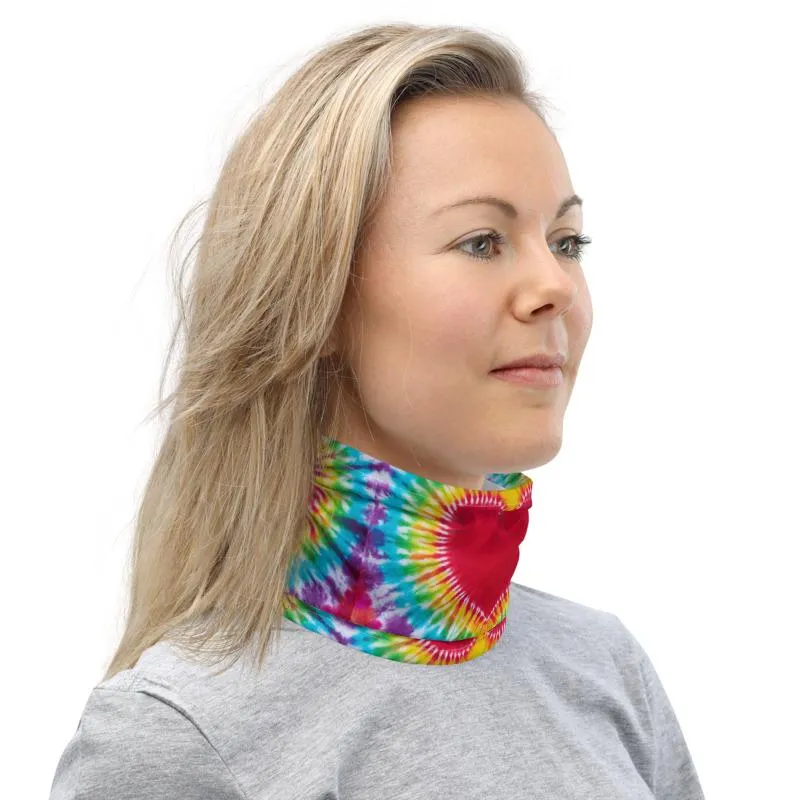 Rainbow Heart colorful tie dye pattern design, Neck gaiters face mask covers, tube scarf, Balaclava Beanie scarves, headband men and women