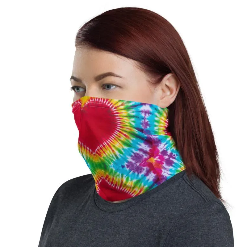 Rainbow Heart colorful tie dye pattern design, Neck gaiters face mask covers, tube scarf, Balaclava Beanie scarves, headband men and women