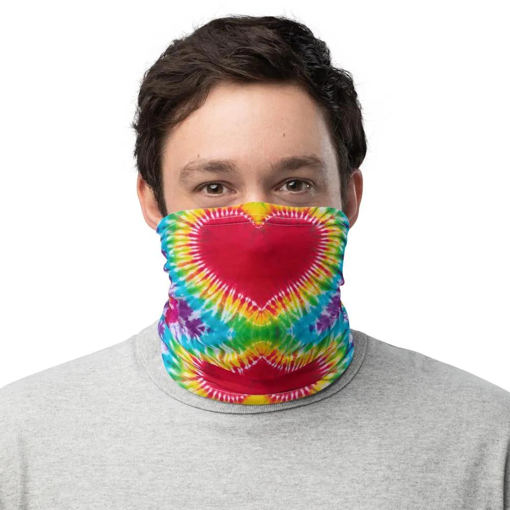 Rainbow Heart colorful tie dye pattern design, Neck gaiters face mask covers, tube scarf, Balaclava Beanie scarves, headband men and women