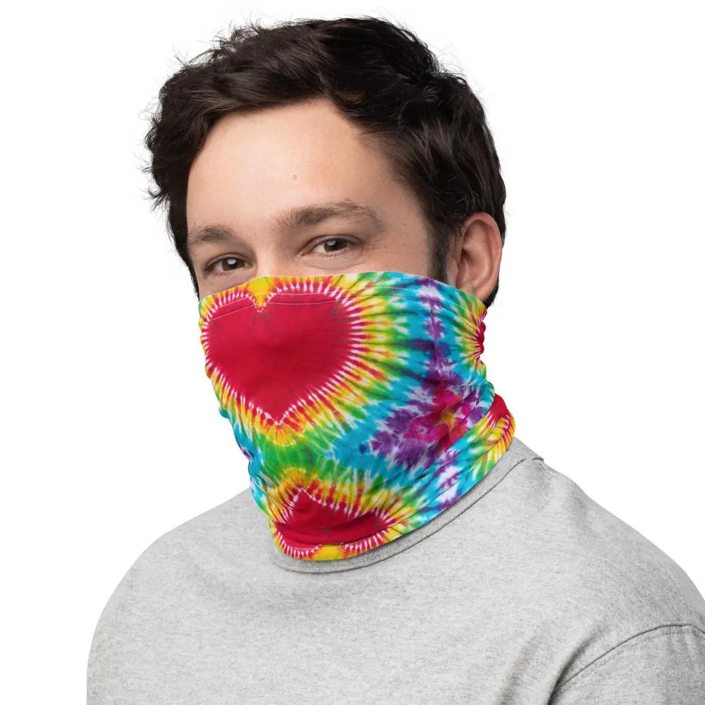 Rainbow Heart colorful tie dye pattern design, Neck gaiters face mask covers, tube scarf, Balaclava Beanie scarves, headband men and women