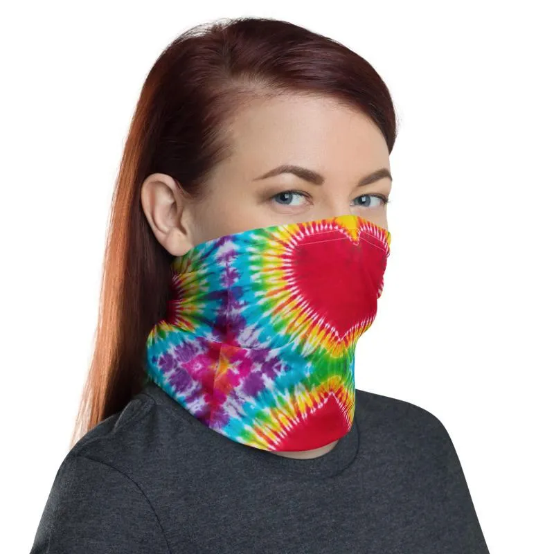 Rainbow Heart colorful tie dye pattern design, Neck gaiters face mask covers, tube scarf, Balaclava Beanie scarves, headband men and women