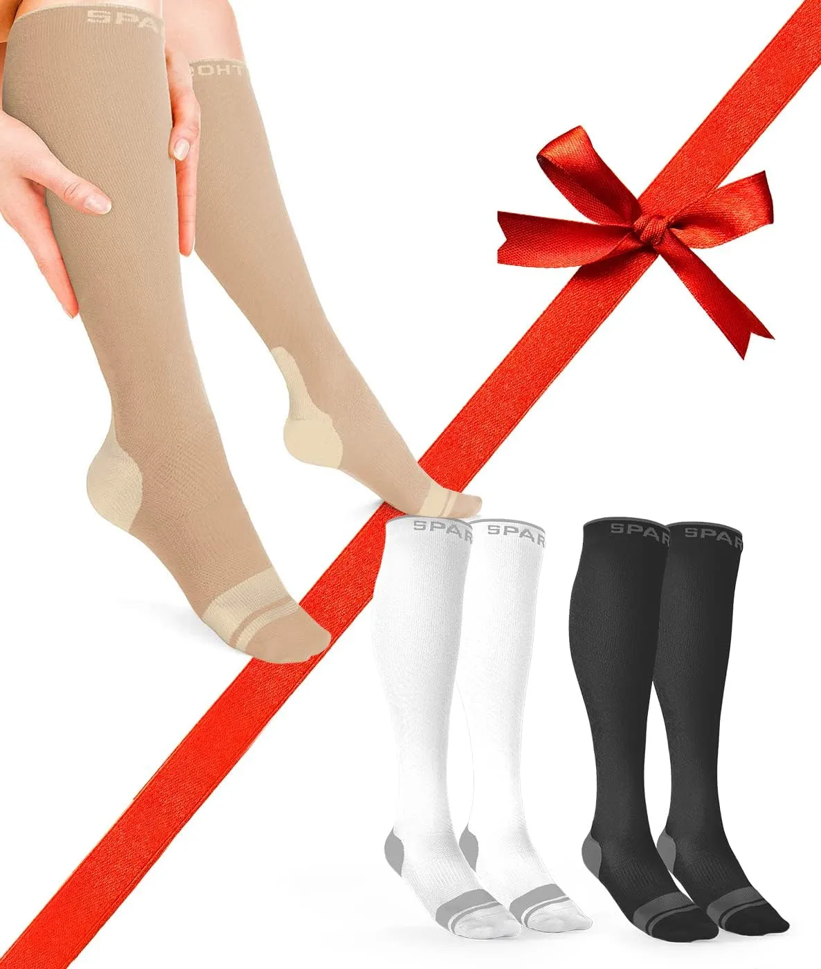 Sparthos Compression Socks (20-30mmHg) Bundle of 3 [Size Small/Medium] - Desert Beige   Frosted White   Midnight Black