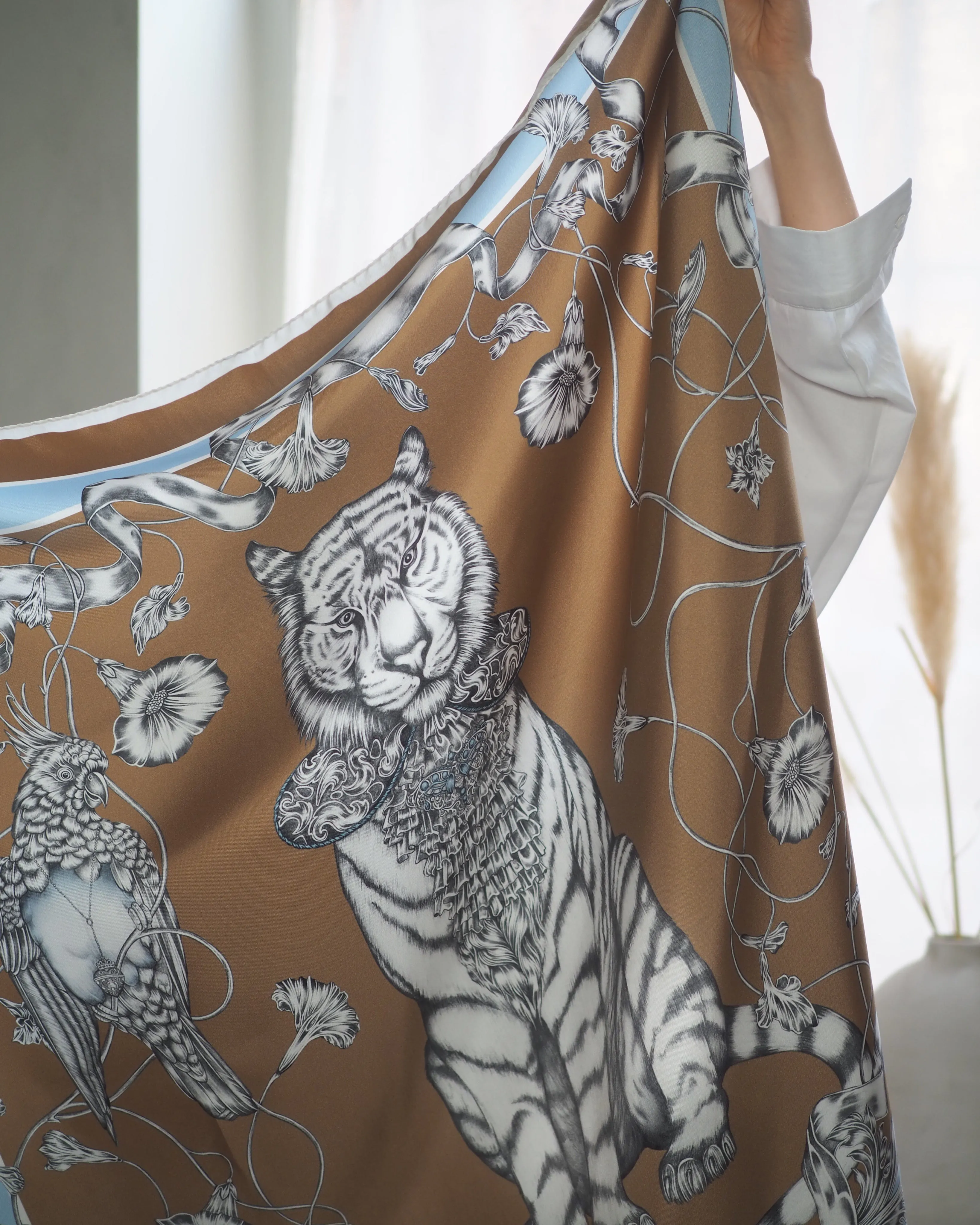 Totem Tiger Midi Silk Scarf Camel