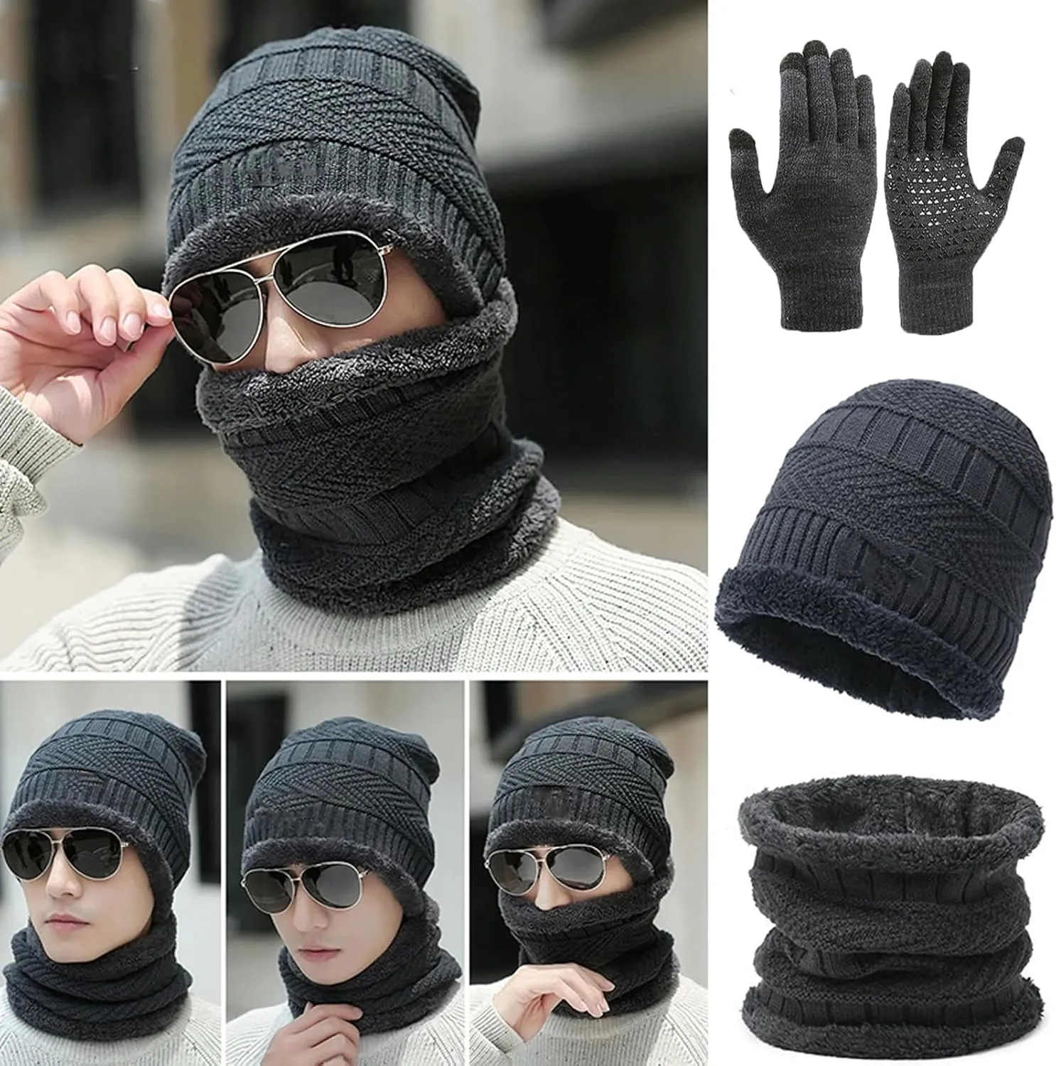 Winter Beanie Hat Scarf Touchscreen Gloves Set for Men Women,Gloves Neck Warmer Sets with Warm Knit Thick Fleece Lined