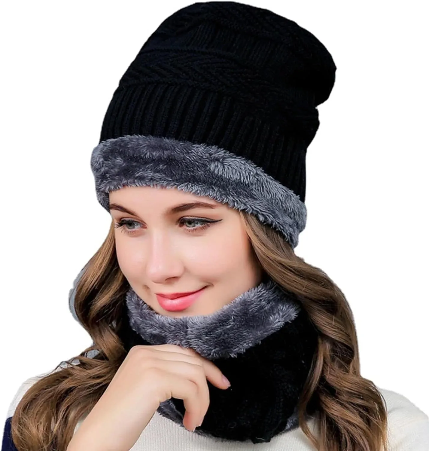 Winter Beanie Hat Scarf Touchscreen Gloves Set for Men Women,Gloves Neck Warmer Sets with Warm Knit Thick Fleece Lined