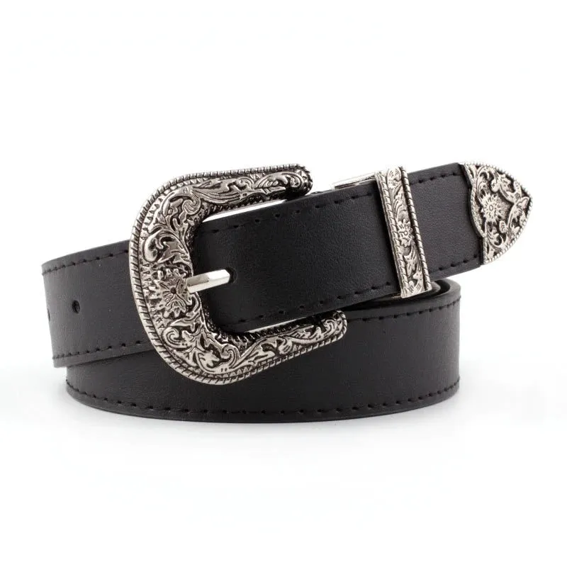 Women's Retro Carved Flower Pin Buckle Waist Belts