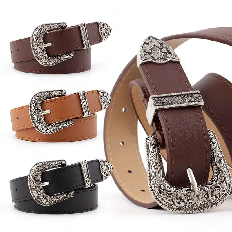 Women's Retro Carved Flower Pin Buckle Waist Belts